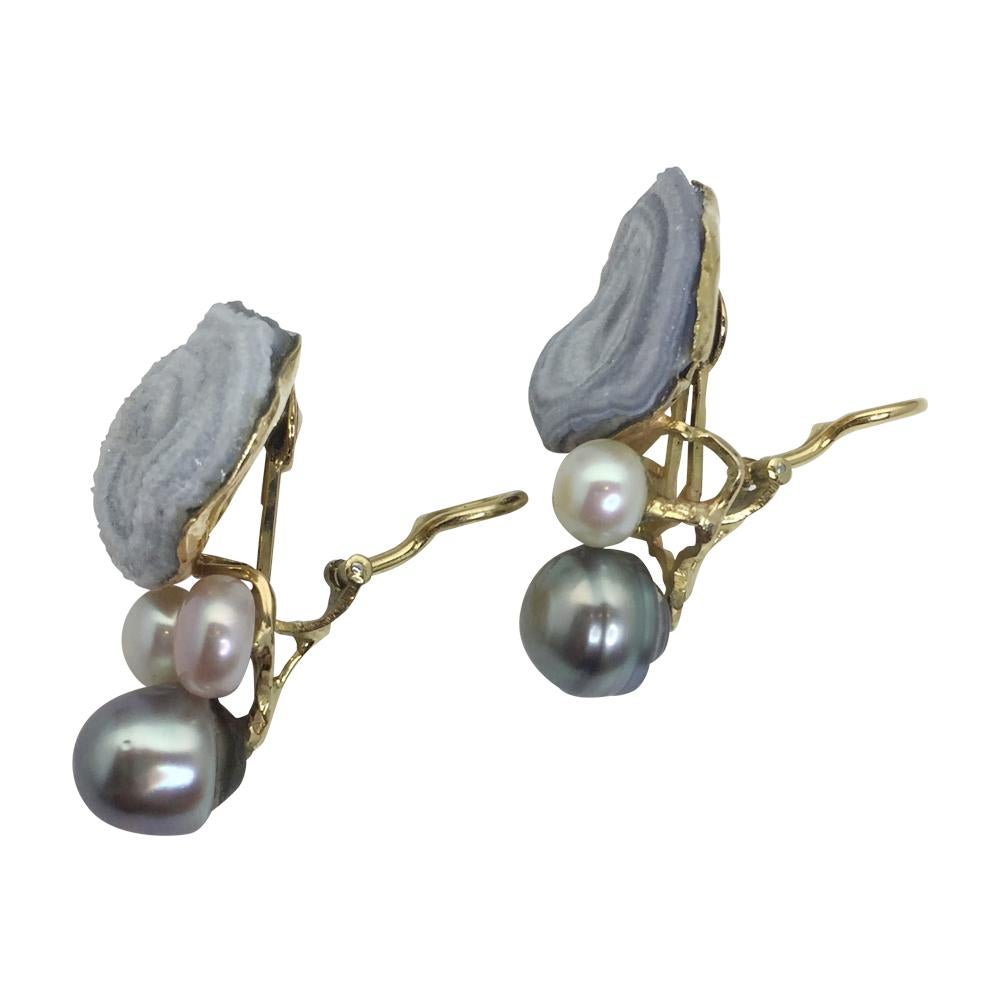 Modern Jean Vendome Earrings, Calcedony and Pearls