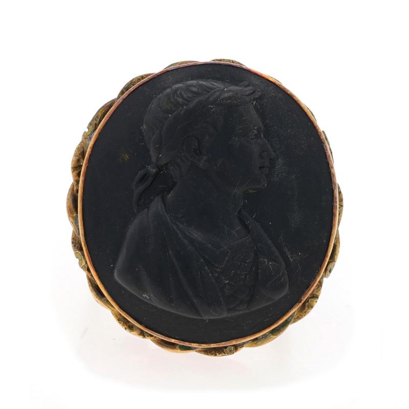 Size: 6

Era: Victorian

Metal Content: 14k Yellow Gold & Gold Filled

Stone Information

Natural Jet
Cut: Carved Cameo
Stone Note: Julius Caesar

Style: Cocktail Solitaire
Theme: Silhouette

Measurements

Face Height (north to south): 1 1/16