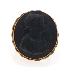 Yellow Gold Jet Victorian Julius Caesar Cocktail Ring 14k Gold Filled Cameo SZ 6
