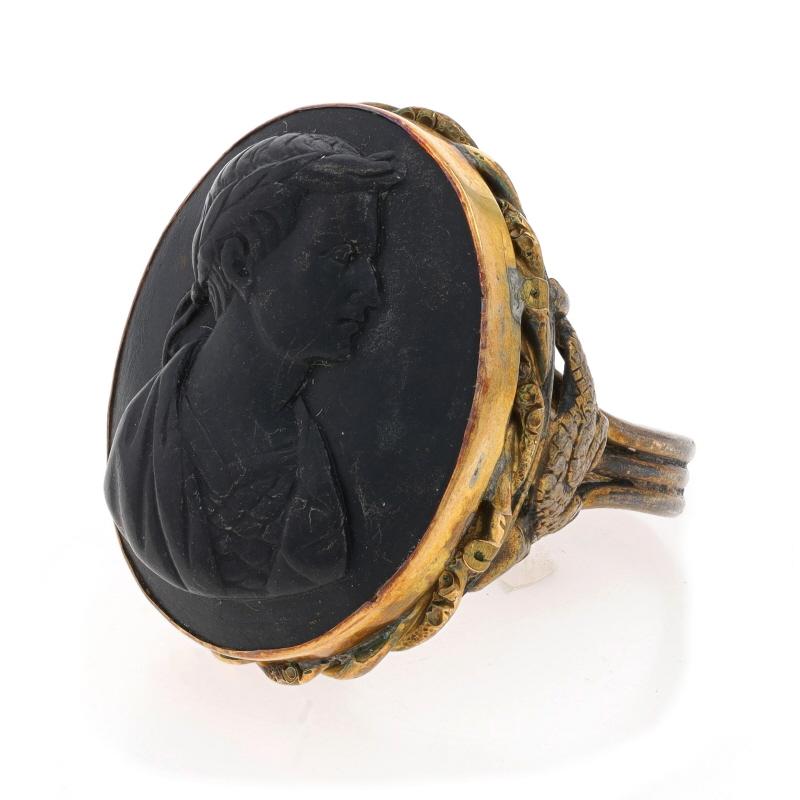 Women's Yellow Gold Jet Victorian Julius Caesar Cocktail Ring 14k Gold Filled Cameo SZ 6 For Sale