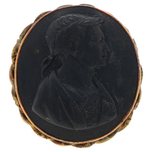 Yellow Gold Jet Victorian Julius Caesar Cocktail Ring 14k Gold Filled Cameo SZ 6 For Sale