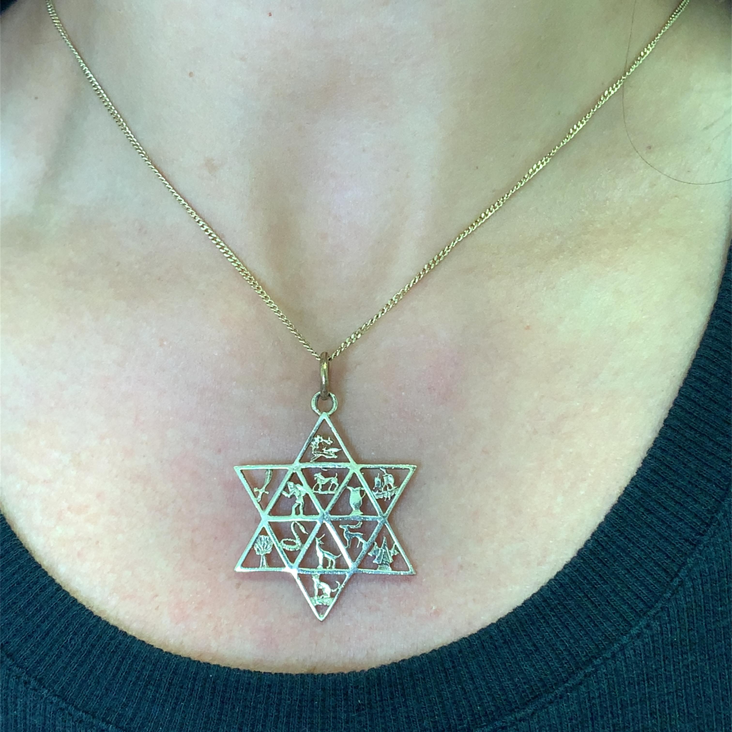 Embrace heritage with this exquisite yellow twelve tribal animal Jewish Star of David gold pendant, intricately crafted in the shape of the Star of David. This symbolic piece is a testament to faith and tradition, perfect for those who cherish