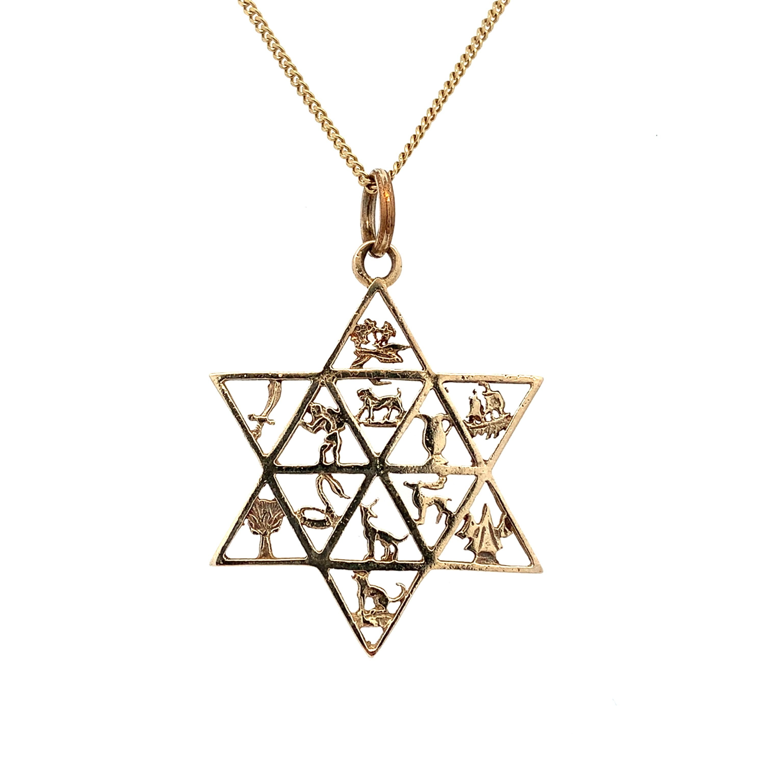 Women's or Men's Yellow Gold jewish star of David twelve tribes of Israel animals pendant For Sale