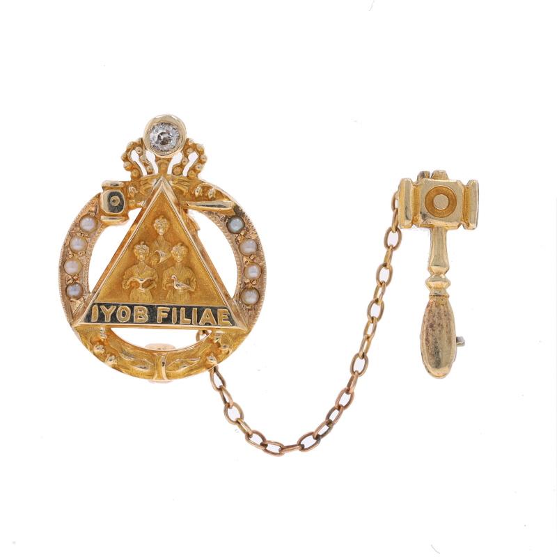 Organization: Job's Daughters
Era: Vintage

Metal Content: 10k Yellow Gold (badge) & Gold Filled (guard pin)

Stone Information

Natural Diamond
Cut: Mine

Style: Badge & Guard Pin
Fastening Type: Hinged Pins and Whale Tail Clasps
Features: Etched &