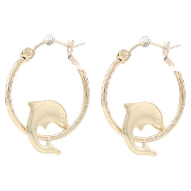 Yellow Gold Jumping Dolphin Hoop Earrings - 10k Ocean Life Pierced For Sale