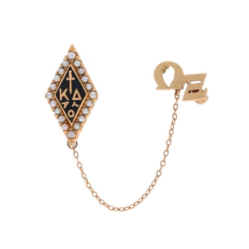 Sorority: Kappa Delta
Sorority Founding Date: 1897
Chapter: Omega Xi
Chapter Founding Date: 1913
School: University of Cincinnati

Metal Content: 10k Yellow Gold

Stone Information
Natural Seed Pearls

Material Information
Enamel
Color: