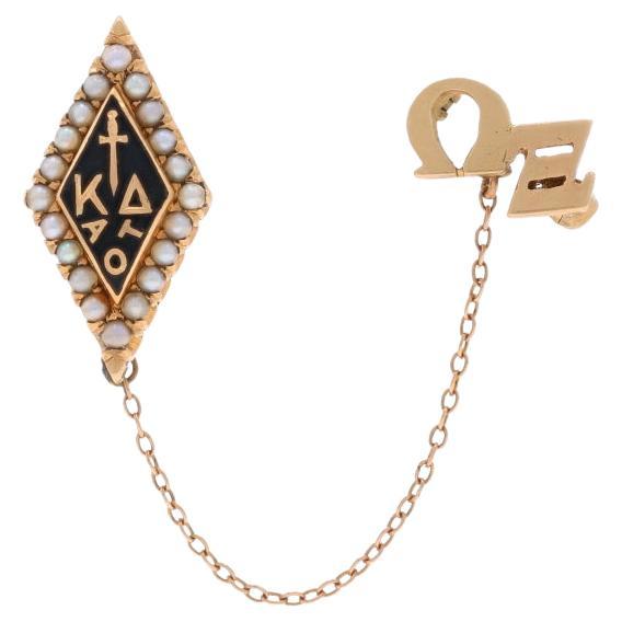 Yellow Gold Kappa Delta Badge & Guard Pin -10k Seed Pearl Sorority Greek Society For Sale