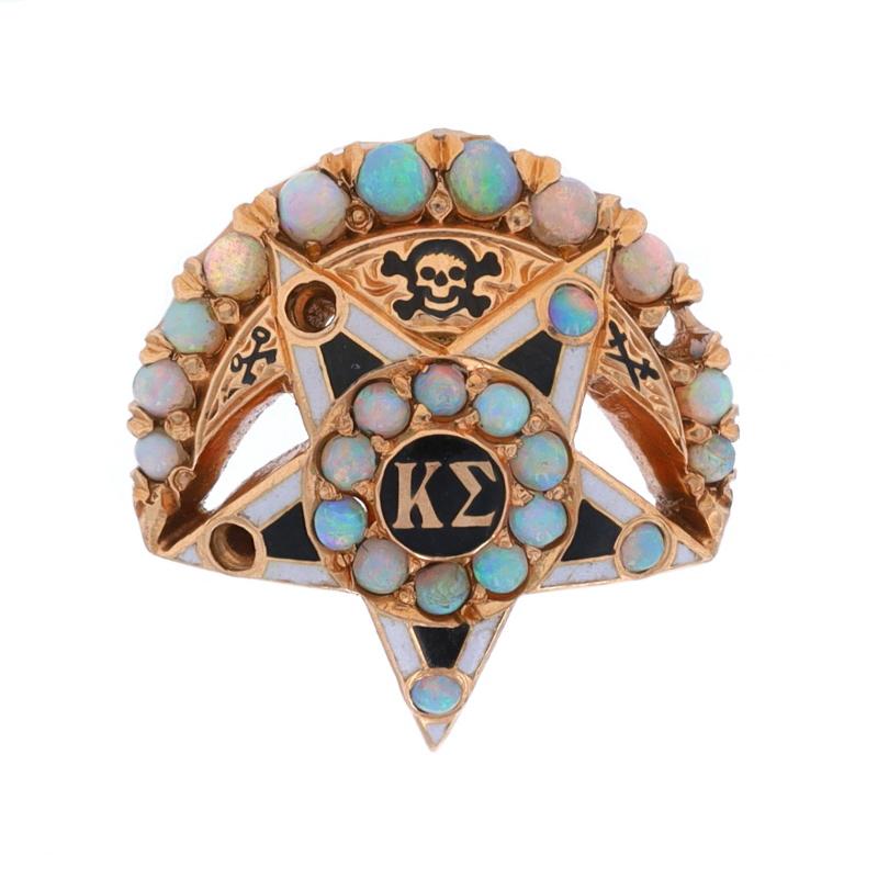 Fraternity: Kappa Sigma
Fraternity Founding Date: 1869
Chapter: Gamma Epsilon
Chapter Founding Date: 1905
School: Dartmouth College
Date: 1911

Metal Content: 14k Yellow Gold

Stone Information
Natural Opals

Material Information
Enamel
Color: Black