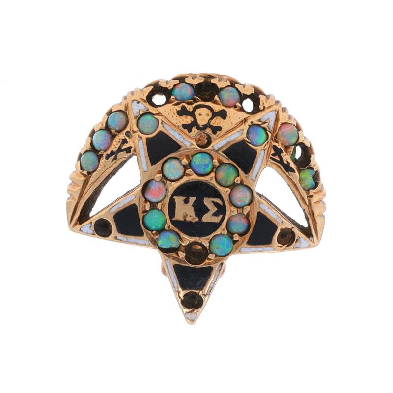 Fraternity: Kappa Sigma
Fraternity Founding Date: 1869
Date: 1900s - 1910s

Metal Content: 14k Yellow Gold

Stone Information
Natural Opals

Material Information
Enamel
Color: Black & White

Style: Badge
Fastening Type: Hinged Pin and Whale Tail