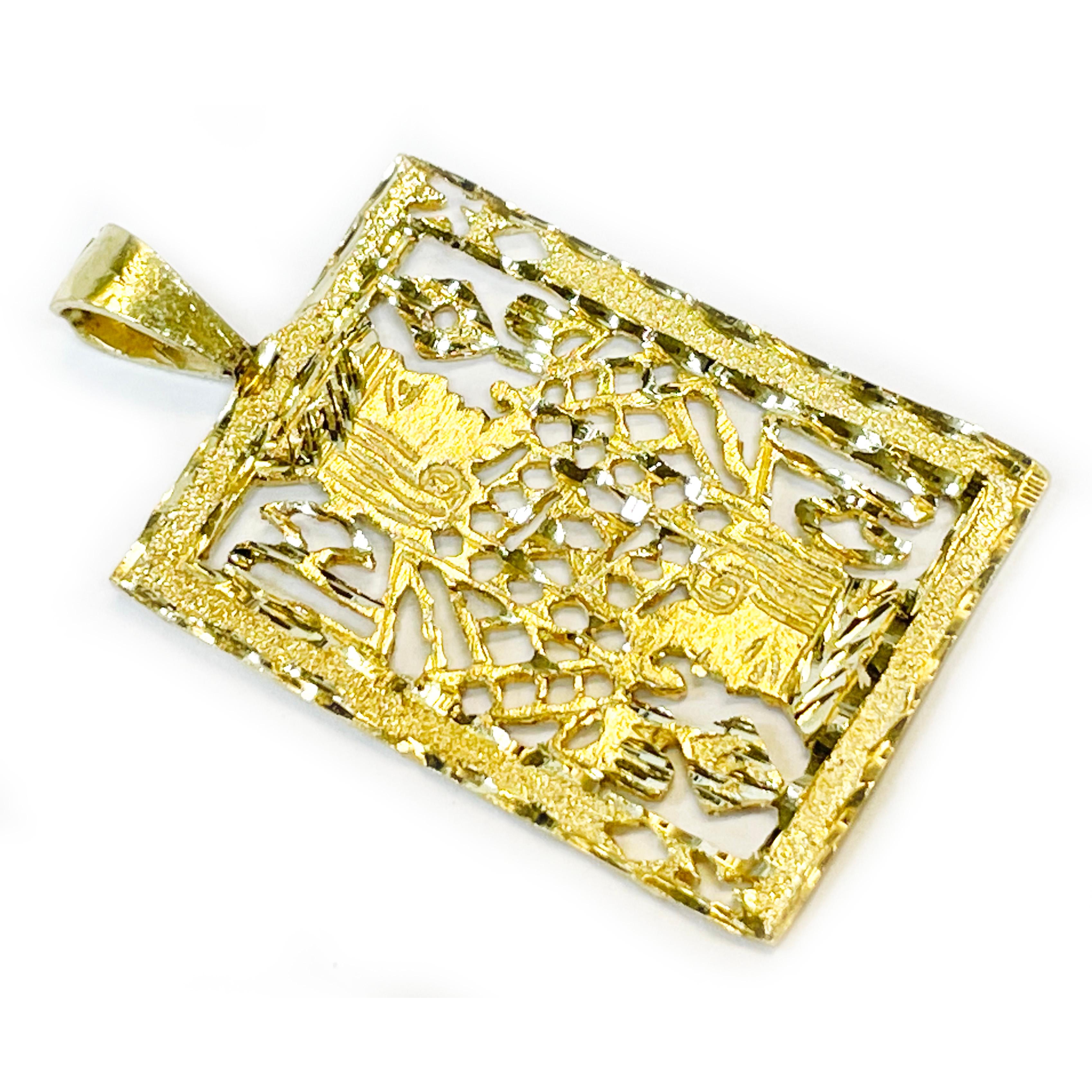 14 Karat Yellow Gold King Playing Card Pendant. The pendant features diamond cut and textured detail of King of Diamonds playing card. The diamond cut detail extends to the back of the pendant too. The pendant measures 1.57