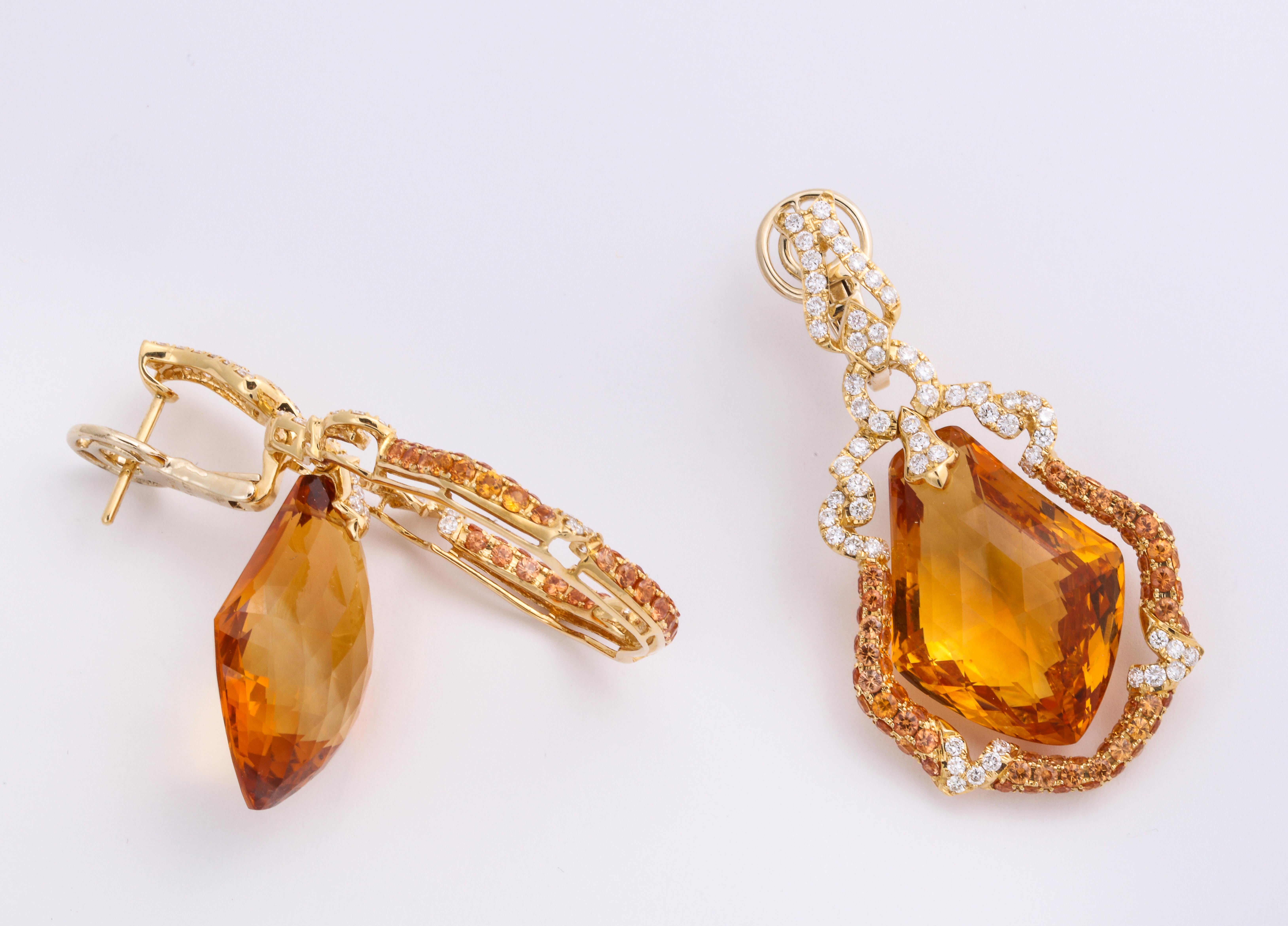 Romantic Yellow Gold, Kite Shaped Diamond, Sapphire and Citrine Ear Pendant Earrings