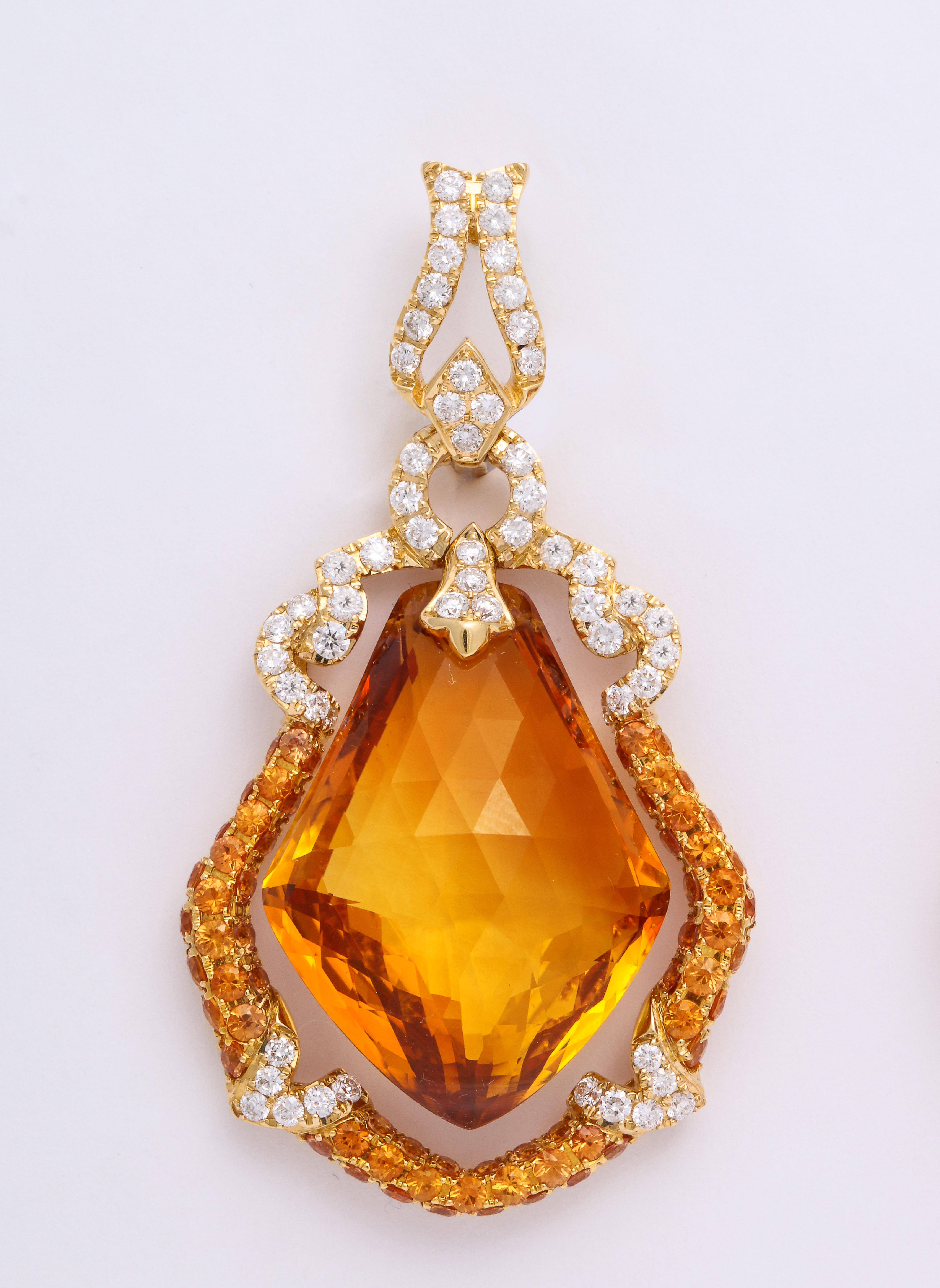 Yellow Gold, Kite Shaped Diamond, Sapphire and Citrine Ear Pendant Earrings In New Condition In New York, NY