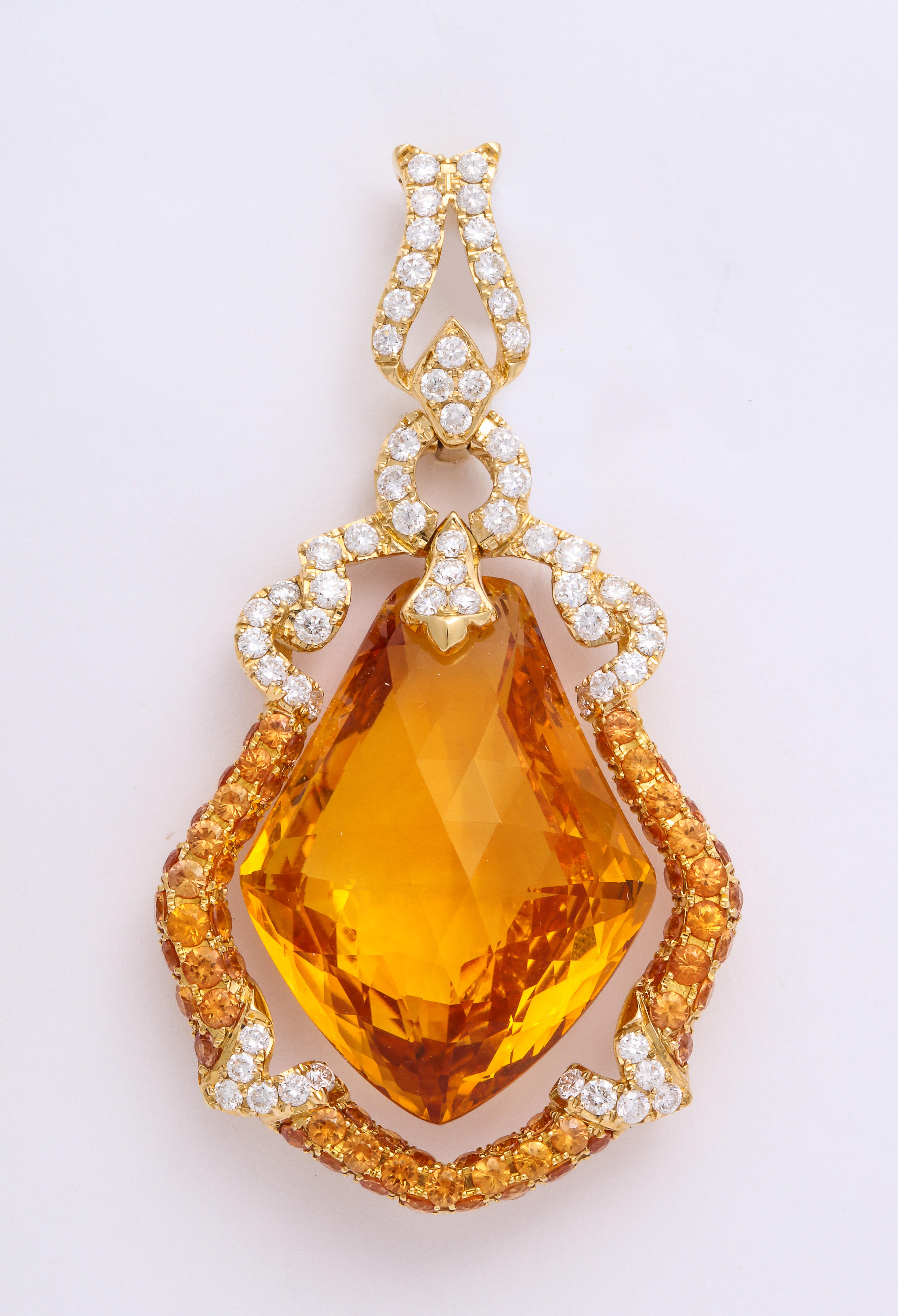 Women's Yellow Gold, Kite Shaped Diamond, Sapphire and Citrine Ear Pendant Earrings
