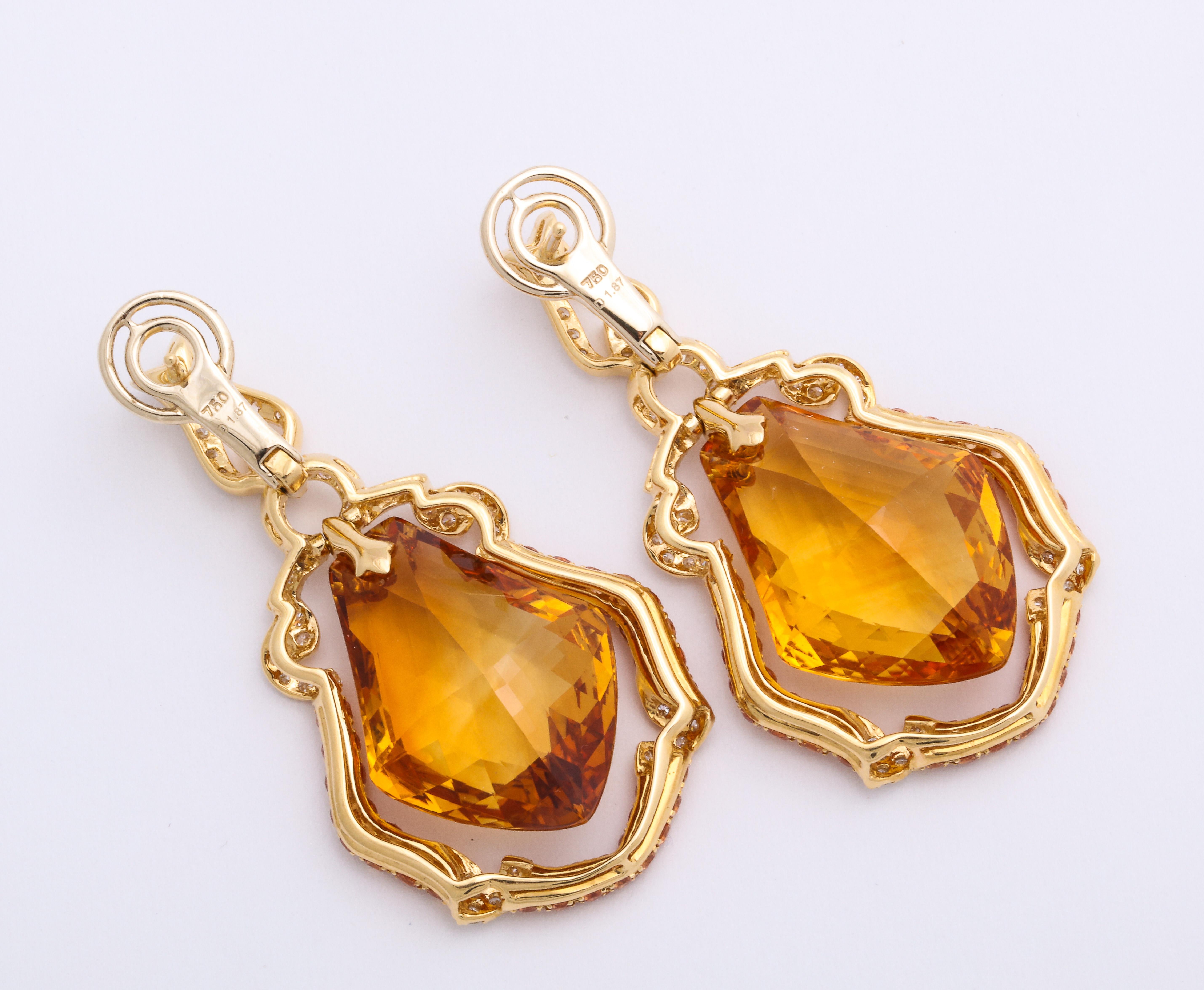 Yellow Gold, Kite Shaped Diamond, Sapphire and Citrine Ear Pendant Earrings 2