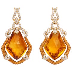 Yellow Gold, Kite Shaped Diamond, Sapphire and Citrine Ear Pendant Earrings