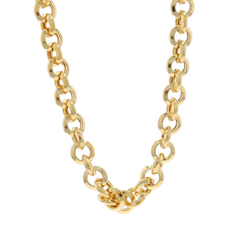Metal Content: 14k Yellow Gold

Chain Style: Knife-Edge Rolo
Necklace Style: Chain
Fastening Type: Toggle Clasp
Features: Hollow link construction for comfortable, all-day wear

Measurements

Length: 21