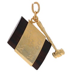 Yellow Gold Knock on Wood Charm - 14k Wooden Block & Gavel