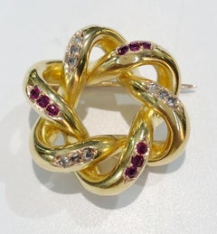 Antique 18K Yellow Gold Knot Brooch with Rubies and Diamonds, Italy