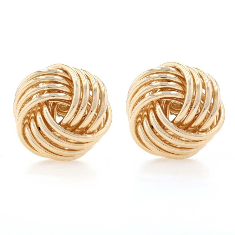 Metal Content: 14k Yellow Gold

Style: Large Stud
Fastening Type: Butterfly Closures
Theme: Knot

Measurements

Tall: 21/32