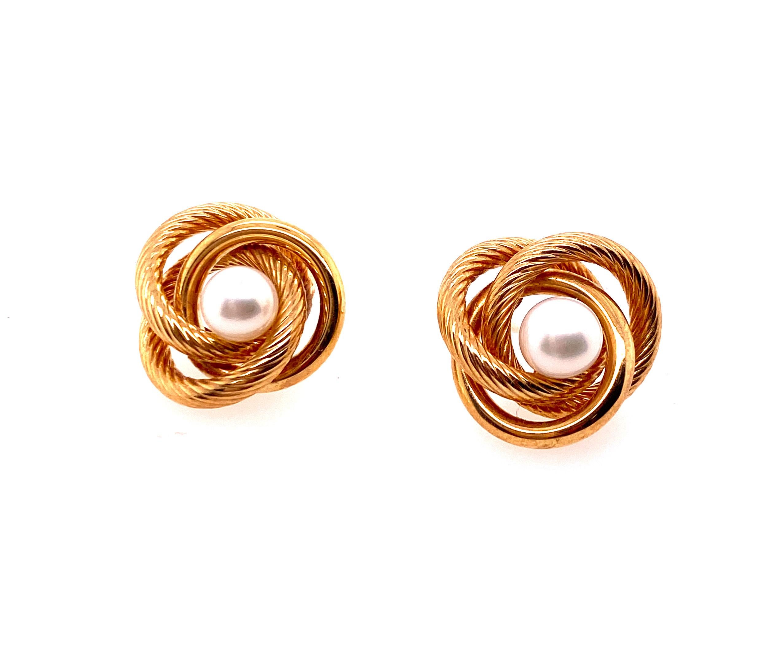 Round Cut Yellow Gold Knot Stud Earring Enhancers with Pearl & Ball Stud Set 14K