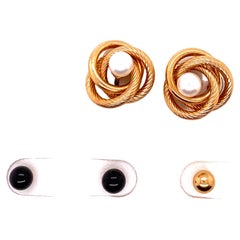 Yellow Gold Knot Stud Earring Enhancers with Pearl & Ball Stud Set 14K