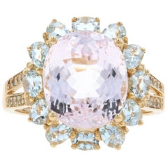 Yellow Gold Kunzite and Blue Topaz Flower Halo Ring, 14k Oval Brilliant 12.55ct