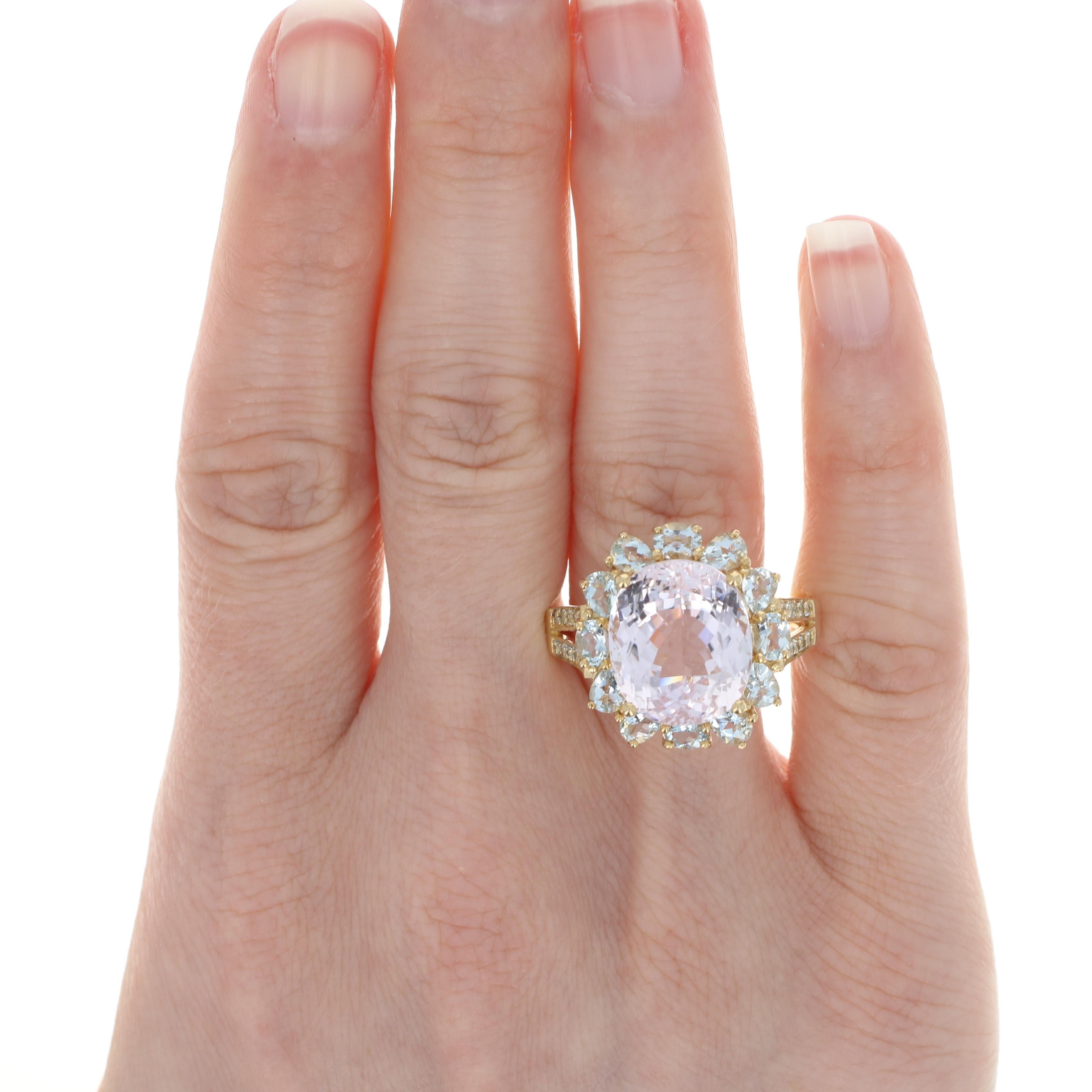 Oval Cut Yellow Gold Kunzite and Blue Topaz Flower Halo Ring, 14k Oval Brilliant 12.55ct