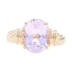 Yellow Gold Kunzite Cocktail Solitaire Ring, 10k Oval Cut 4.00ct Ribbed