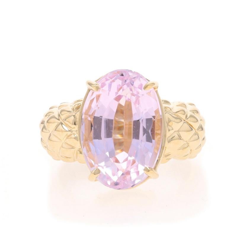 Size: 5 1/4
Sizing Fee: Up 2 sizes for $35 or Down 1 size for $35

Metal Content: 14k Yellow Gold

Stone Information

Natural Kunzite
Carat(s): 6.40ct
Cut: Oval
Color: Light Pink

Total Carats: 6.40ct

Style: Cocktail Solitaire
Features: Textured