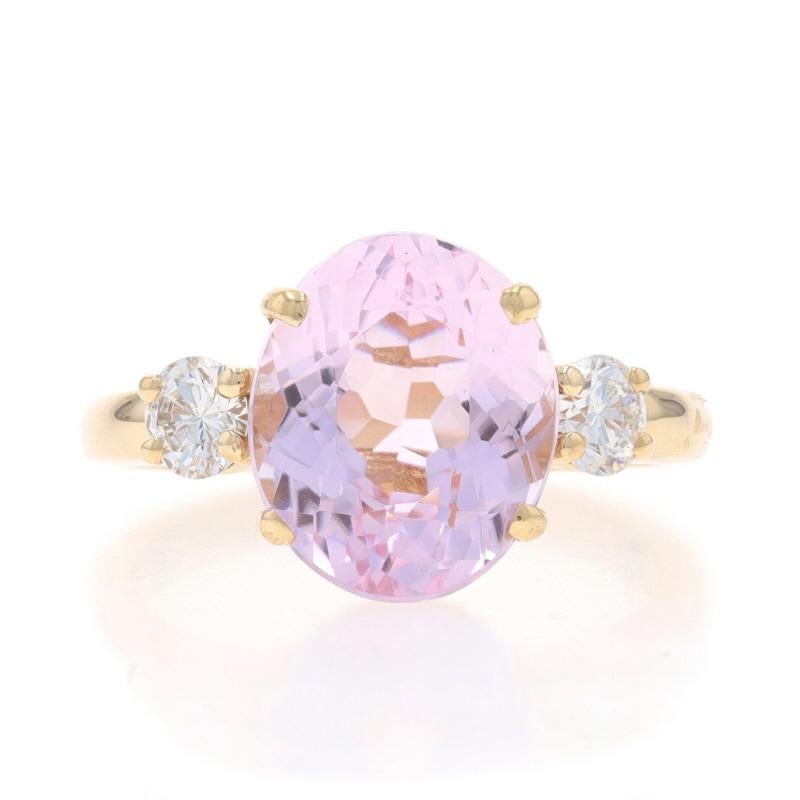 Size: 8
Sizing Fee: Up 3 sizes for $60 or Down 2 sizes for $40

Metal Content: 14k Yellow Gold

Stone Information

Natural Kunzite
Carat(s): 5.49ct (weighed)
Cut: Oval
Color: Light Pink

Natural Diamonds
Carat(s): .50ctw
Cut: Round Brilliant
Color: