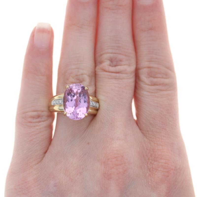 Size: 7
Sizing Fee: Down 2 for $50 or up 2 for $60

Metal Content: 18k Yellow Gold  18k White Gold

Stone Information

Genuine Kunzite

Carat(s): 8.80ct
Cut: Oval
Color: Purplish Pink

Natural Diamonds
Carat(s): .06ctw
Cut: Round Brilliant 
Color: H