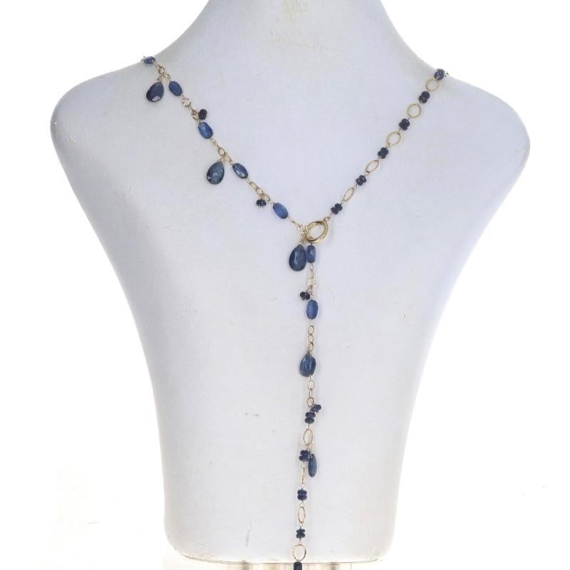 Bead Yellow Gold Kyanite & Lapis Lazuli Lariat Necklace - 14k Fancy Chain Adjustable For Sale