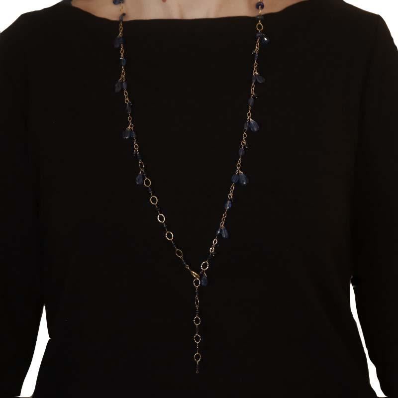 Yellow Gold Kyanite & Lapis Lazuli Lariat Necklace - 14k Fancy Chain Adjustable In Excellent Condition For Sale In Greensboro, NC