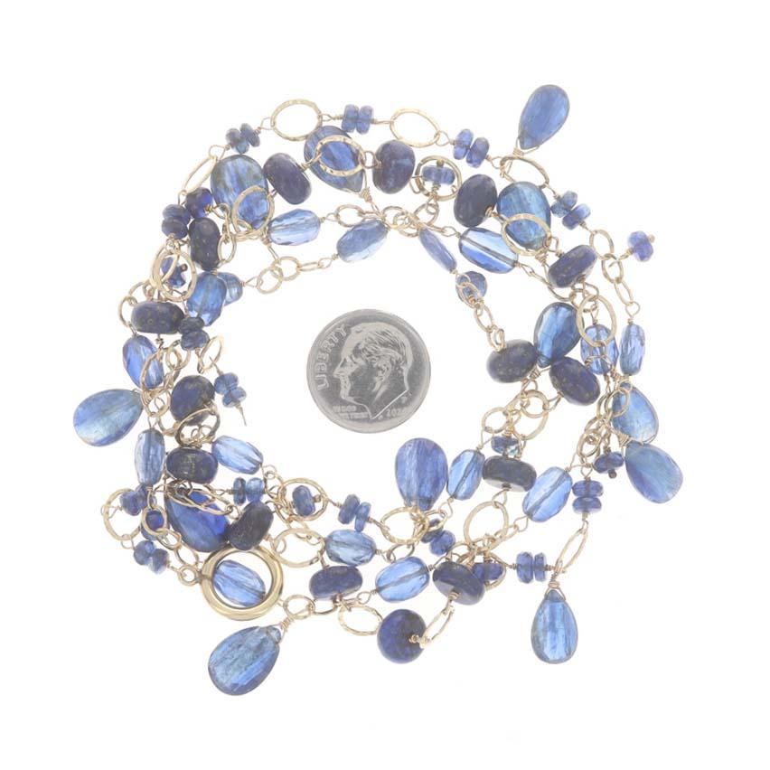 Women's Yellow Gold Kyanite & Lapis Lazuli Lariat Necklace - 14k Fancy Chain Adjustable For Sale