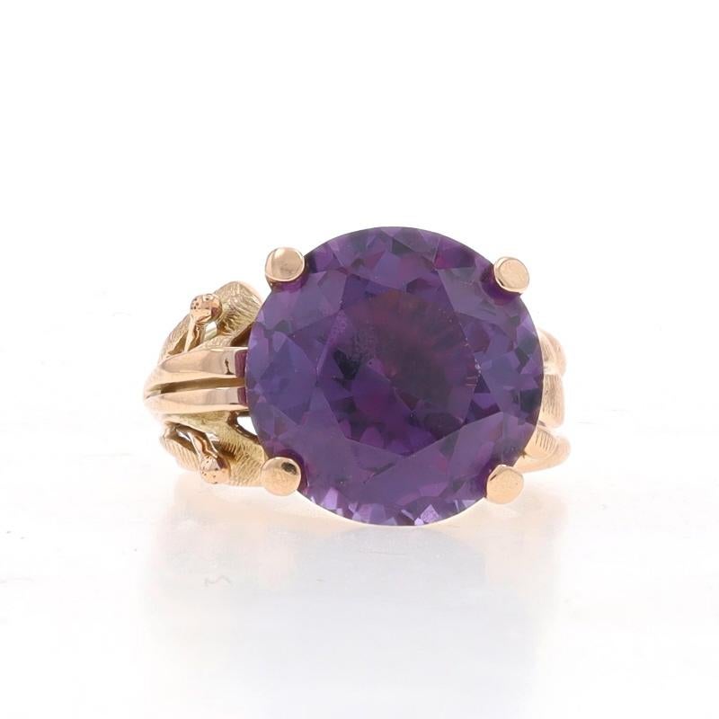 Size: 5
Sizing Fee: Up 1 1/2 sizes for $40 or Down 1 size for $30

Era: Retro
Date: 1940s - 1950s

Metal Content: 14k Yellow Gold

Stone Information

Synthetic Color Change Sapphire
Carat(s): 10.30ct
Cut: Round
Color: Purple to Purplish Green

Total