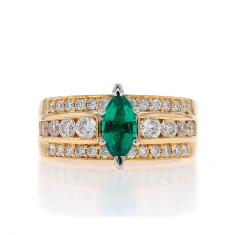 Size: 10
Sizing Fee: Up 1 size for $50 or Down 1/2 a size for $40

Metal Content: 14k Yellow Gold & 14k White Gold

Stone Information

Synthetic Emerald
Carat(s): .85ct
Cut: Marquise
Color: Green

Natural Diamonds
Carat(s): 1.65ctw
Cut: Round