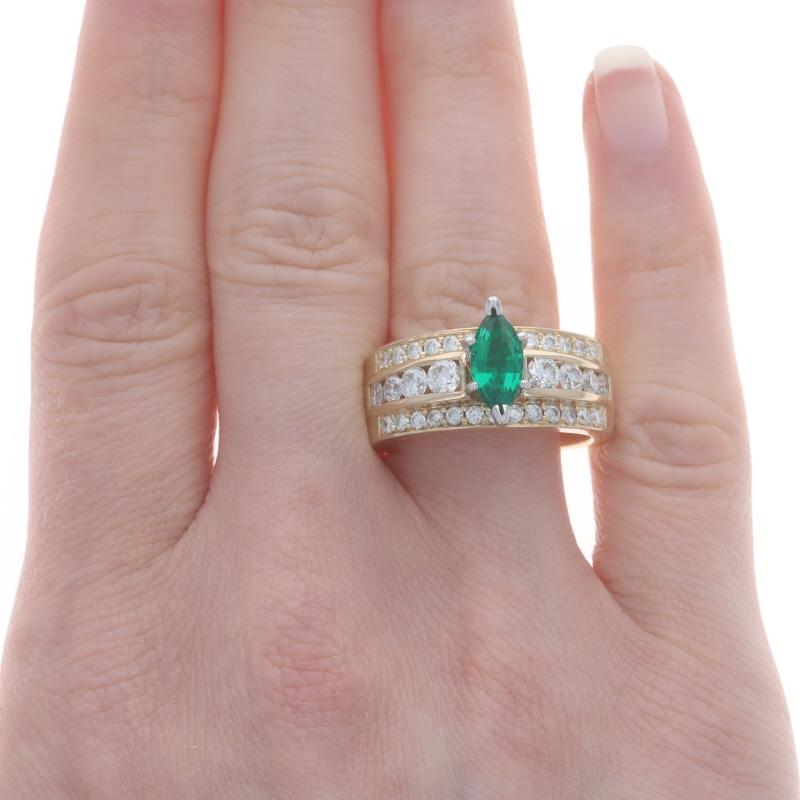 Marquise Cut Yellow Gold Lab-Created Emerald & Diamond Ring - 14k Marquise 2.50ctw For Sale
