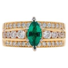 Yellow Gold Lab-Created Emerald & Diamond Ring - 14k Marquise 2.50ctw