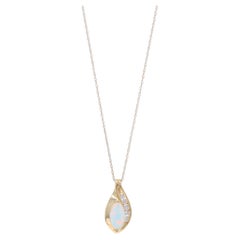Yellow Gold Lab-Created Opal Cubic Zirconia Necklace 18" 10k Marquise Cab .41ctw