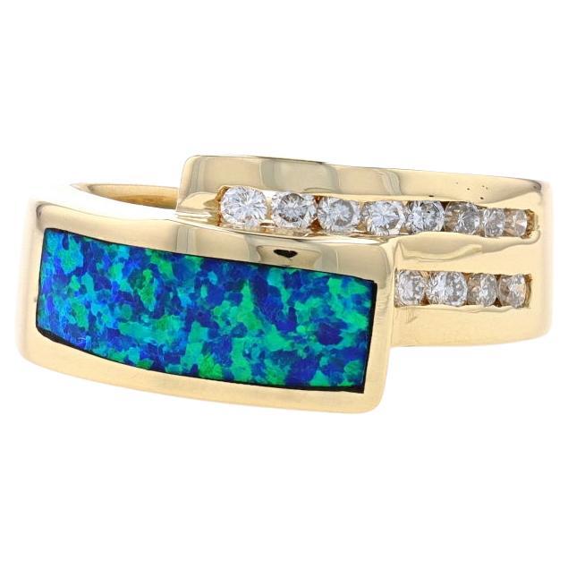 Yellow Gold Lab-Created Opal & Diamond Bypass Band 14k Inlay .30ctw Ring Sz6 1/4