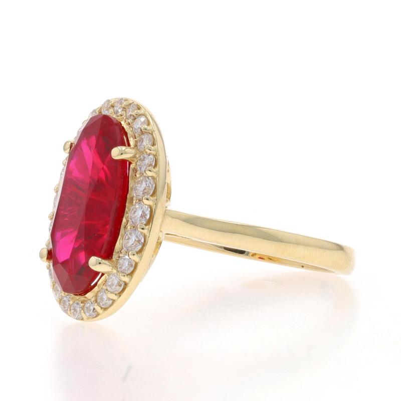 Or Jaune Bague Halo Rubis Cubic Zirconia 14k Oval 4.26ctw Cathedral Excellent état - En vente à Greensboro, NC
