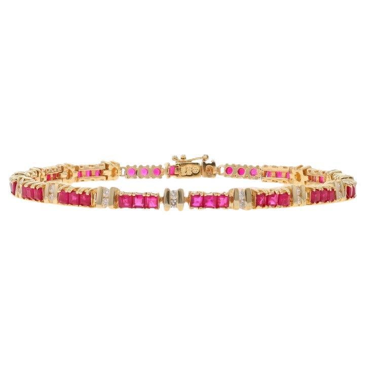 Yellow Gold Lab-Created Ruby Diamond Link Bracelet 7 3/4" - 14k Sq3.69ctw Tennis For Sale