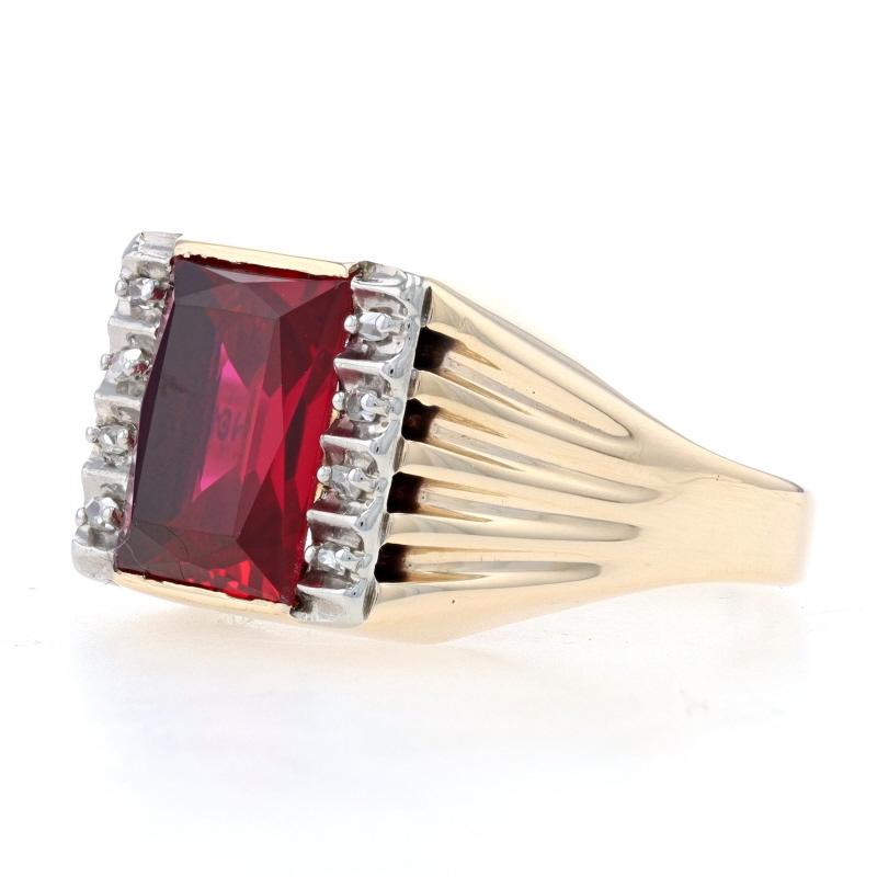 Yellow Gold Lab-Created Ruby & Diamond Men's Ring - 10k Emerald Cut 6.37ctw In Excellent Condition For Sale In Greensboro, NC