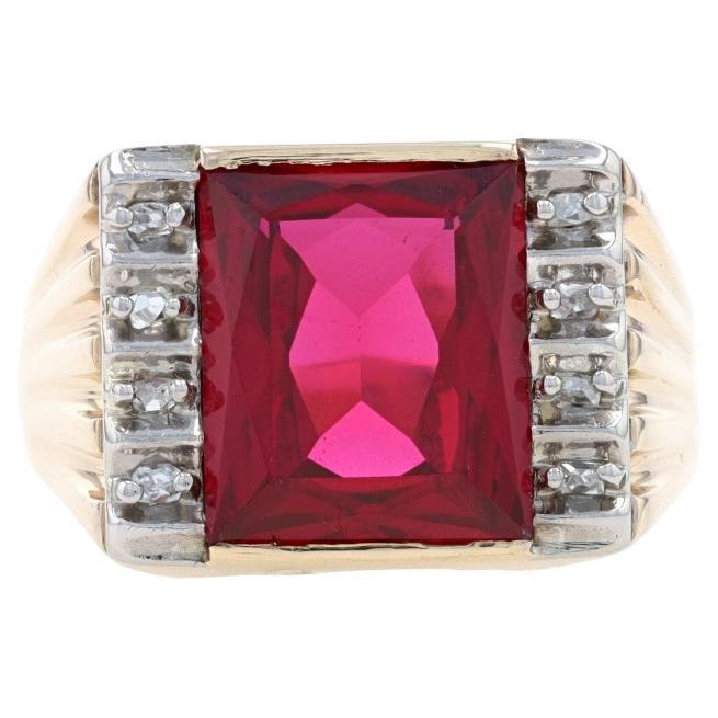 Yellow Gold Lab-Created Ruby & Diamond Men's Ring - 10k Emerald Cut 6.37ctw For Sale