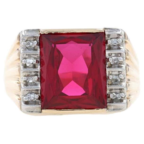 Yellow Gold Lab-Created Ruby and Diamond Men's Ring - 10k Emerald Cut 6 ...