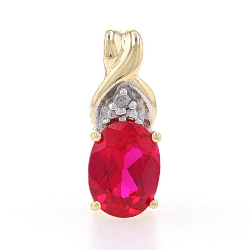 Metal Content: 10k Yellow Gold & 10k White Gold

Stone Information
Synthetic Ruby
Carat(s): 1.55ct
Cut: Oval
Color: Red

Natural Diamond
Cut: Single
Stone Note: (one small accent)

Total Carats: 1.55ct

Measurements
Tall (from stationary bail):