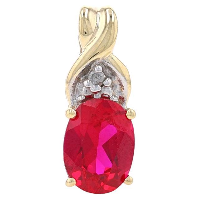 Yellow Gold Lab-Created Ruby & Diamond Pendant - 10k Oval 1.55ct For Sale