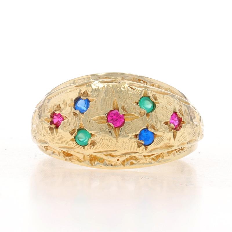 Size: 7
Sizing Fee: Up 2 sizes for $35 or Down 2 sizes for $30

Metal Content: 10k Yellow Gold

Stone Information
Synthetic Rubies
Carat(s): .11ctw
Cut: Round
Color: Pinkish Red

Synthetic Sapphires
Carat(s): .06ctw
Cut: Round
Color: Blue

Natural