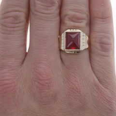 Yellow Gold Lab-Created Ruby Retro Men's Ring - 10k Rectangular Cabochon
