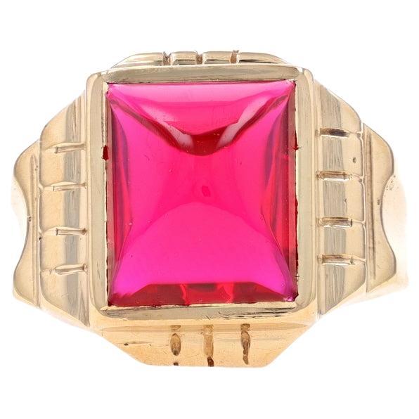 Yellow Gold Lab-Created Ruby Retro Men's Ring - 10k Rectangular Cabochon